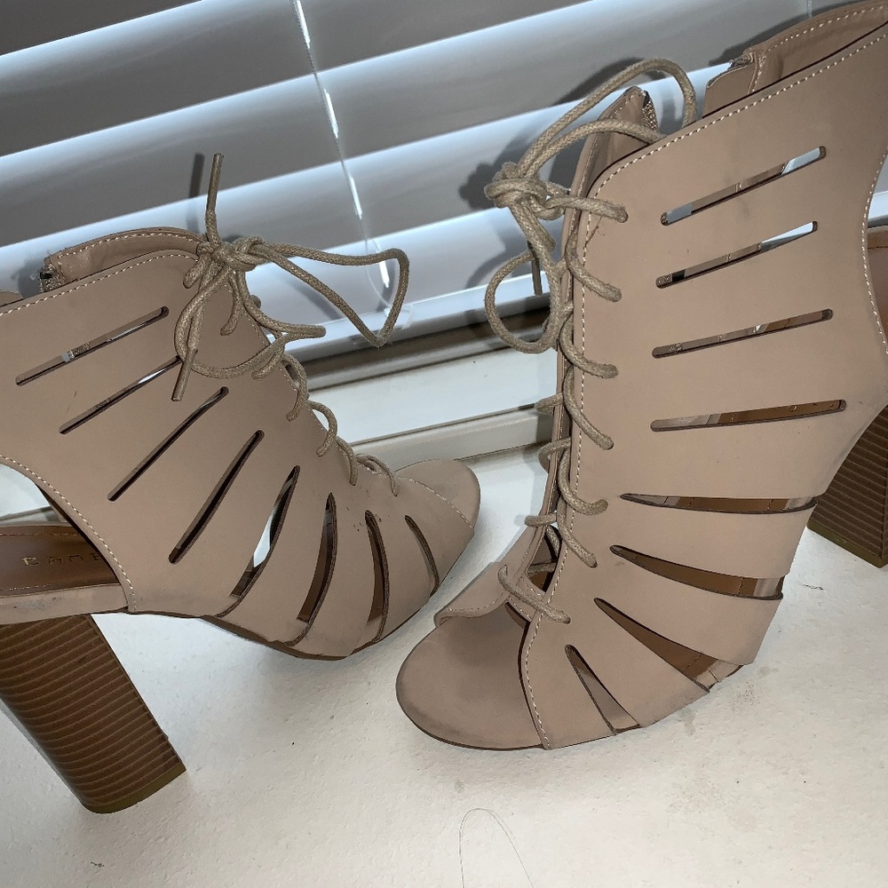 Tan Bootie Heels With Lace Detail